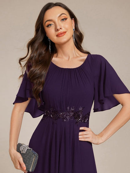 ever ASPYN|Short Sleeve Pleated Applique A-Line Floor-Length Formal Evening Dress