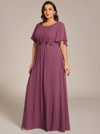 ever ASPYN|Short Sleeve Pleated Applique A-Line Floor-Length Formal Evening Dress