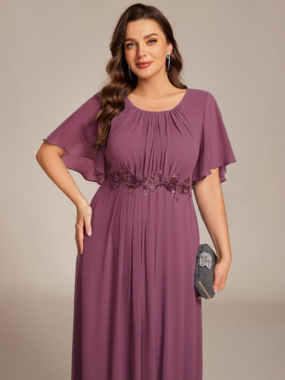ever ASPYN|Short Sleeve Pleated Applique A-Line Floor-Length Formal Evening Dress