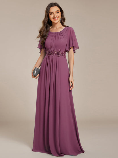 ever ASPYN|Short Sleeve Pleated Applique A-Line Floor-Length Formal Evening Dress
