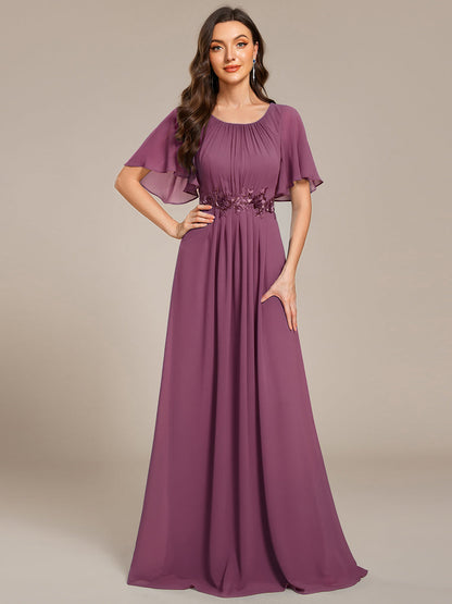 ever ASPYN|Short Sleeve Pleated Applique A-Line Floor-Length Formal Evening Dress