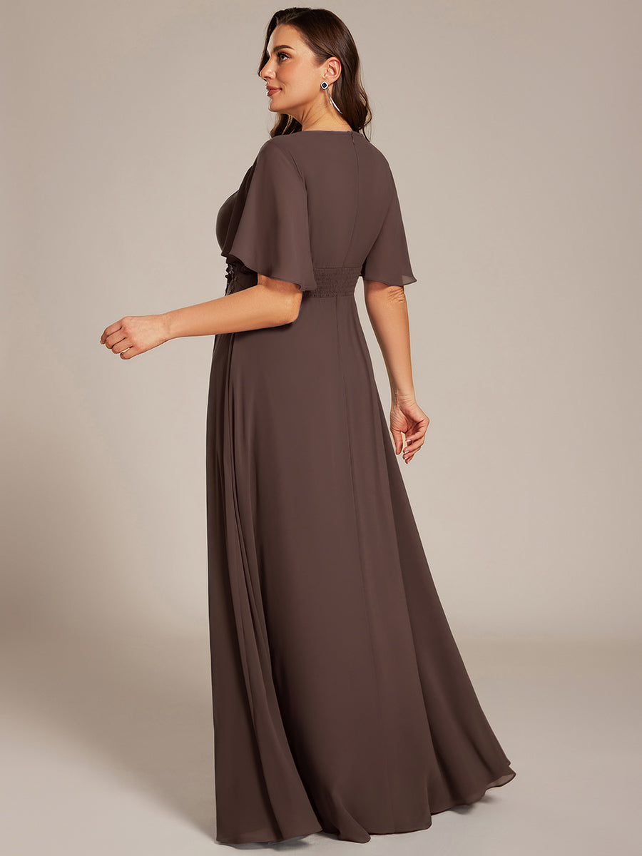 ever ASPYN|Short Sleeve Pleated Applique A-Line Floor-Length Formal Evening Dress