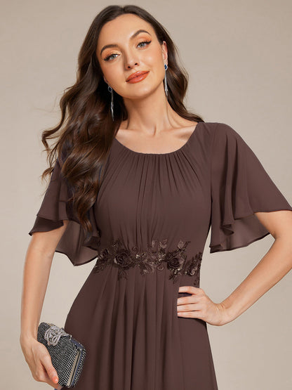 ever ASPYN|Short Sleeve Pleated Applique A-Line Floor-Length Formal Evening Dress