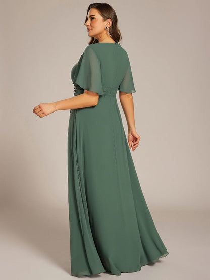 ever ASPYN|Short Sleeve Pleated Applique A-Line Floor-Length Formal Evening Dress