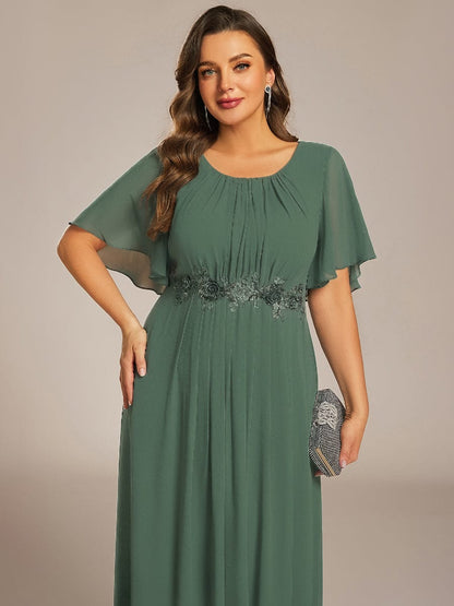 ever ASPYN|Short Sleeve Pleated Applique A-Line Floor-Length Formal Evening Dress