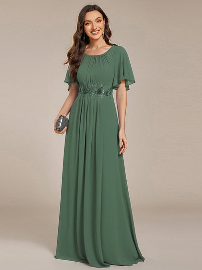ever ASPYN|Short Sleeve Pleated Applique A-Line Floor-Length Formal Evening Dress