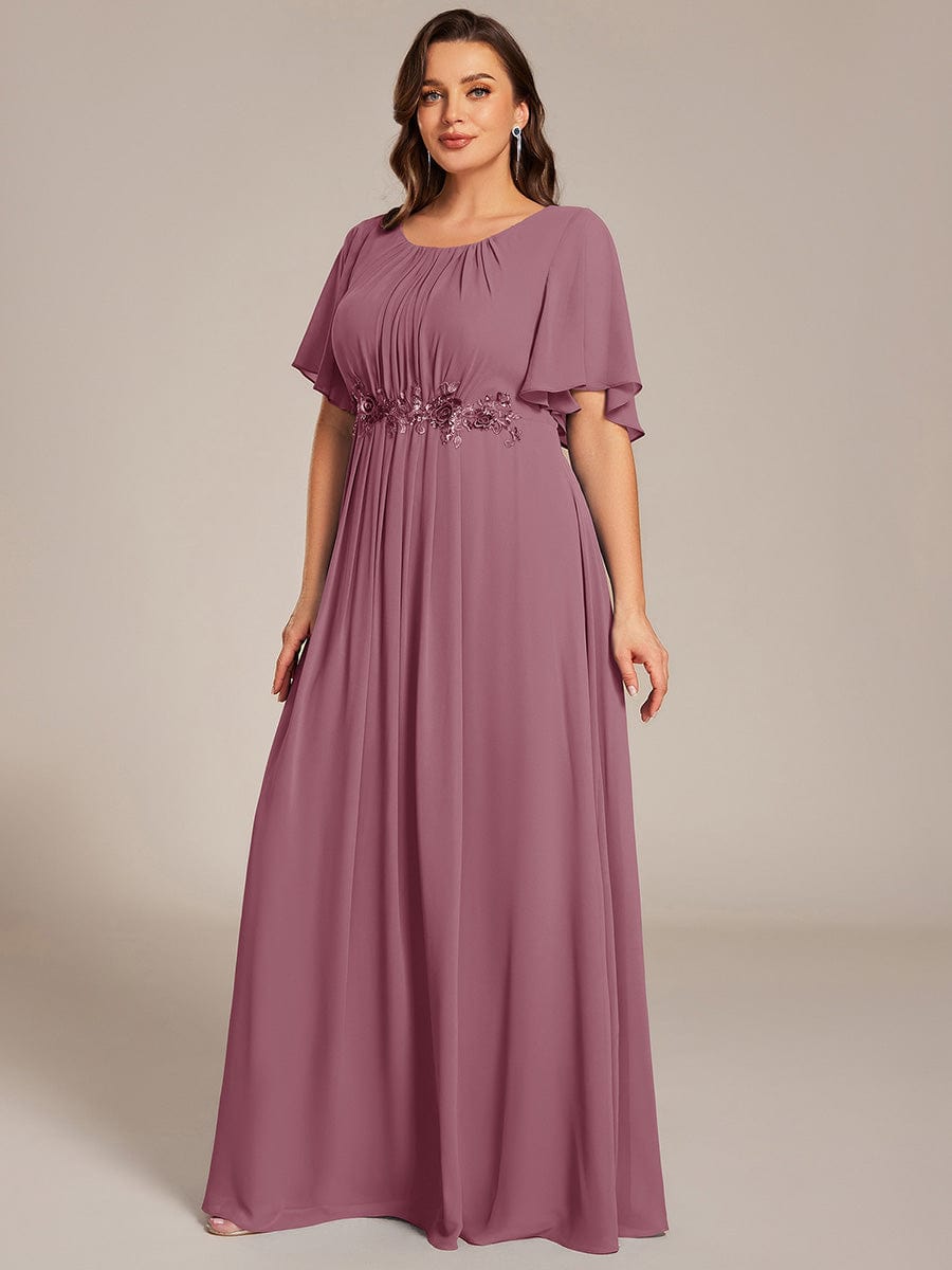 ever ASPYN|Short Sleeve Pleated Applique A-Line Floor-Length Formal Evening Dress