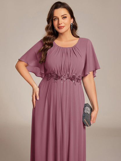 ever ASPYN|Short Sleeve Pleated Applique A-Line Floor-Length Formal Evening Dress