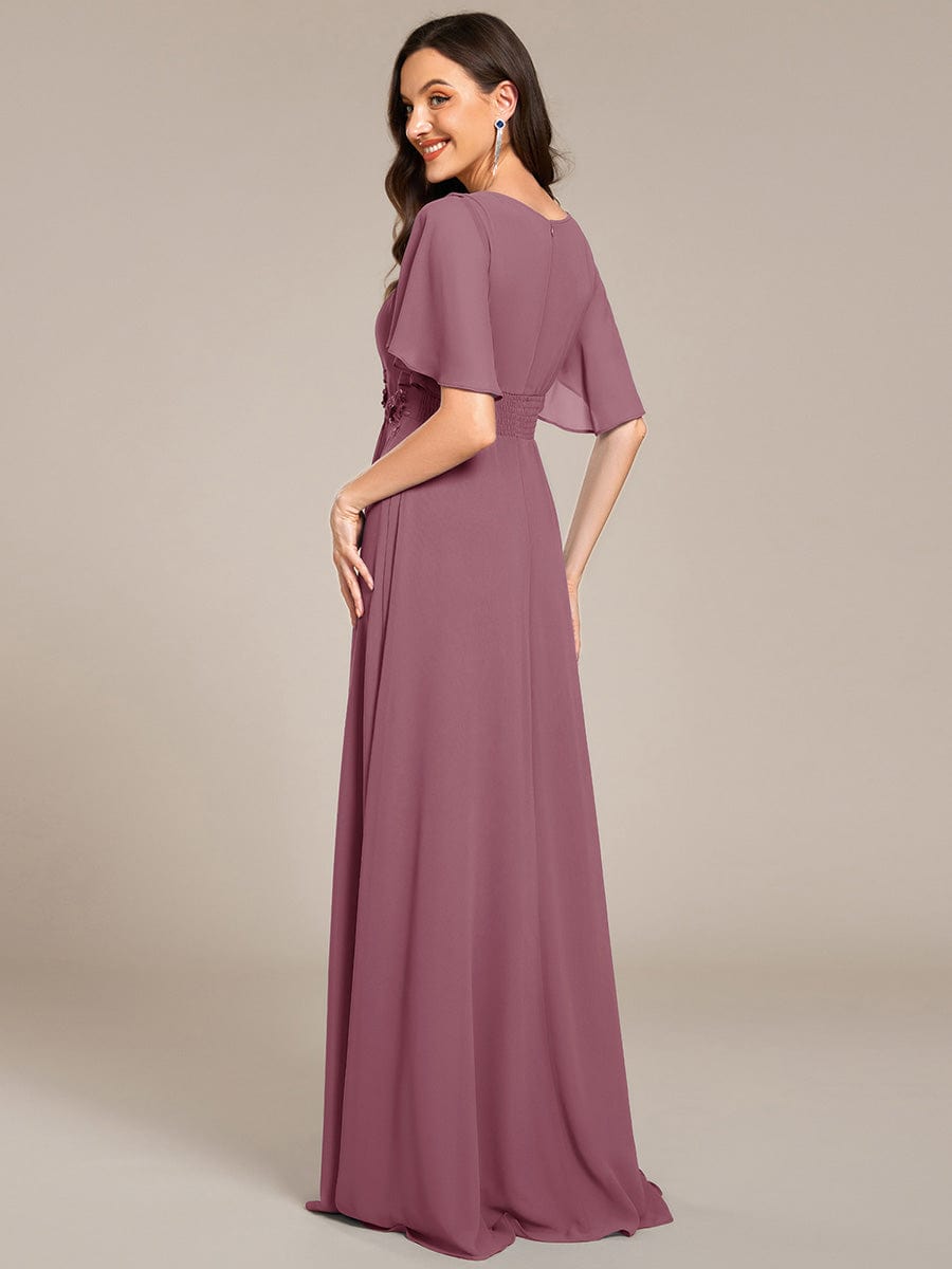 ever ASPYN|Short Sleeve Pleated Applique A-Line Floor-Length Formal Evening Dress