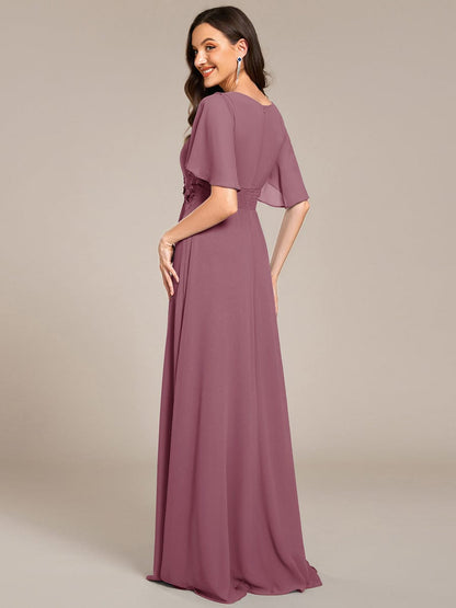 ever ASPYN|Short Sleeve Pleated Applique A-Line Floor-Length Formal Evening Dress