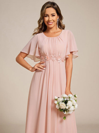 ever ASPYN|Short Sleeve Pleated Applique A-Line Floor-Length Formal Evening Dress