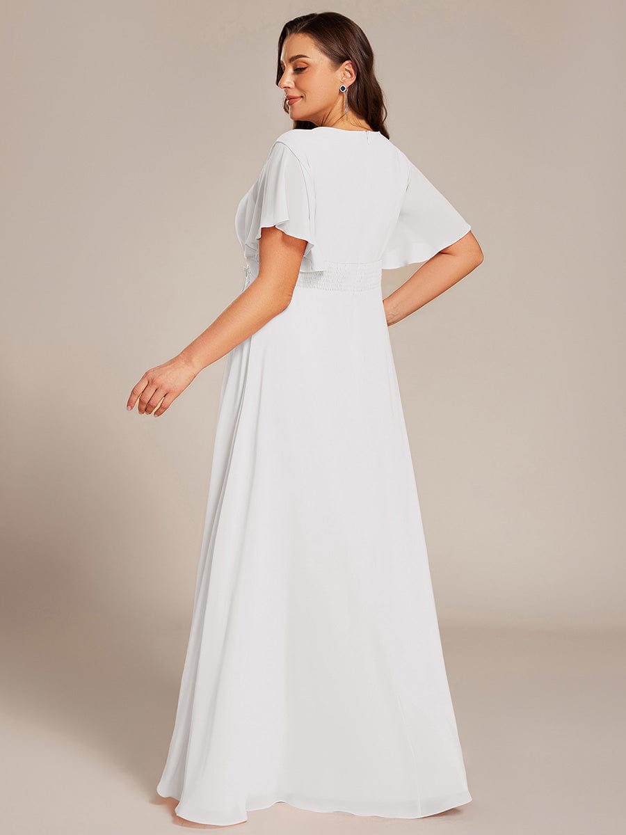 ever ASPYN|Short Sleeve Pleated Applique A-Line Floor-Length Formal Evening Dress