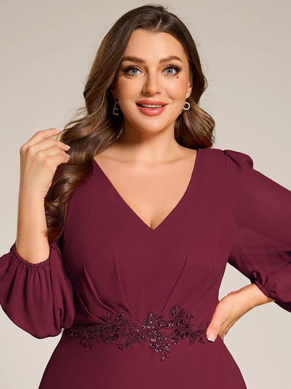 ever MARYAM|Long Lantern Sleeves Waist Applique Chiffon Formal Evening Dress