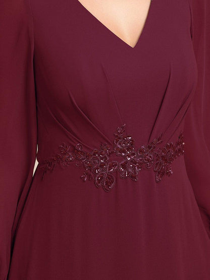 ever MARYAM|Long Lantern Sleeves Waist Applique Chiffon Formal Evening Dress