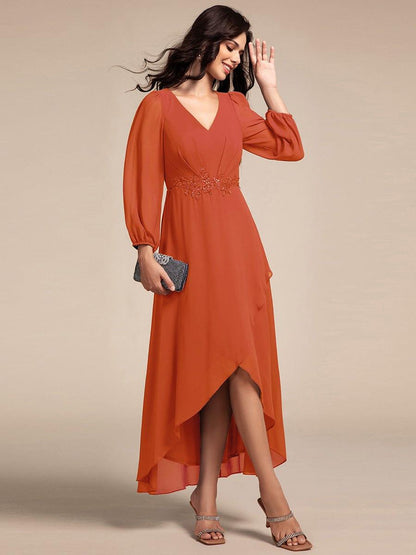 ever MARYAM|Long Lantern Sleeves Waist Applique Chiffon Formal Evening Dress