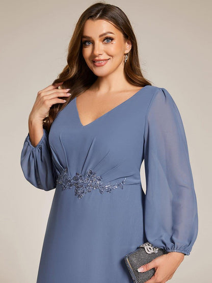 ever MARYAM|Long Lantern Sleeves Waist Applique Chiffon Formal Evening Dress