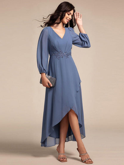 ever MARYAM|Long Lantern Sleeves Waist Applique Chiffon Formal Evening Dress