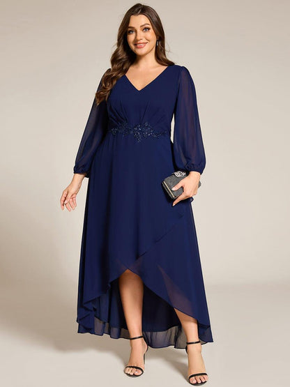 ever MARYAM|Long Lantern Sleeves Waist Applique Chiffon Formal Evening Dress