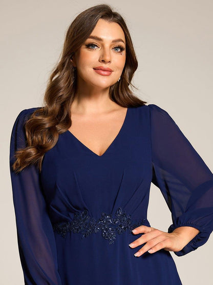 ever MARYAM|Long Lantern Sleeves Waist Applique Chiffon Formal Evening Dress