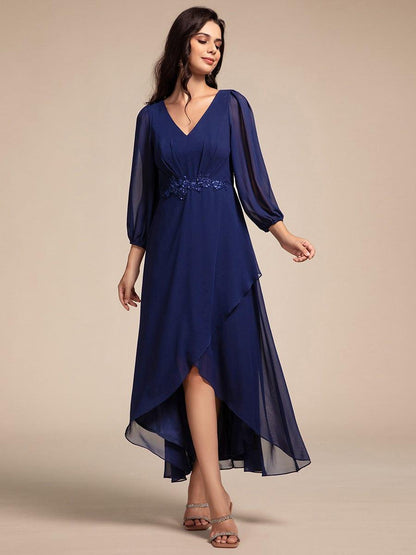 ever MARYAM|Long Lantern Sleeves Waist Applique Chiffon Formal Evening Dress