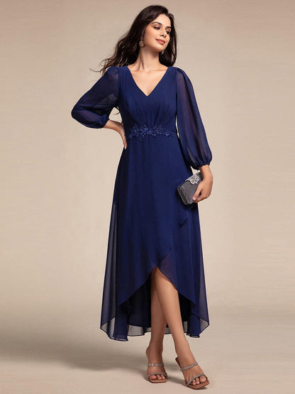 ever MARYAM|Long Lantern Sleeves Waist Applique Chiffon Formal Evening Dress