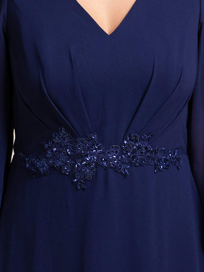 ever MARYAM|Long Lantern Sleeves Waist Applique Chiffon Formal Evening Dress