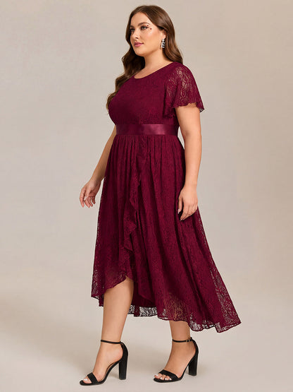 pretty SEVYN|Plus Size Lace Flutter Sleeves Round Neckline Midi Formal Dress