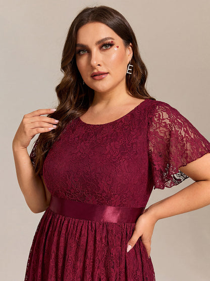 pretty SEVYN|Plus Size Lace Flutter Sleeves Round Neckline Midi Formal Dress