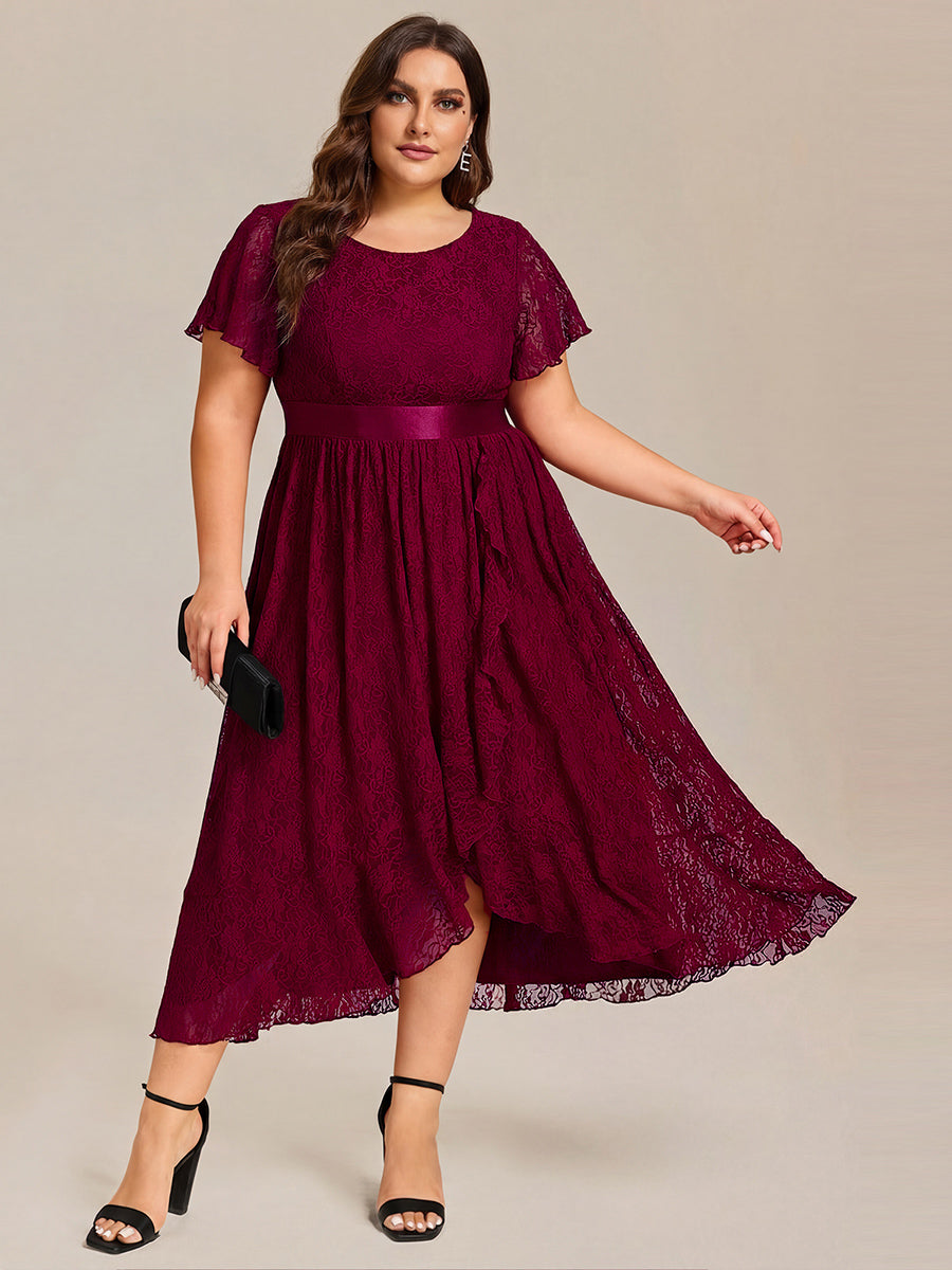pretty SEVYN|Plus Size Lace Flutter Sleeves Round Neckline Midi Formal Dress