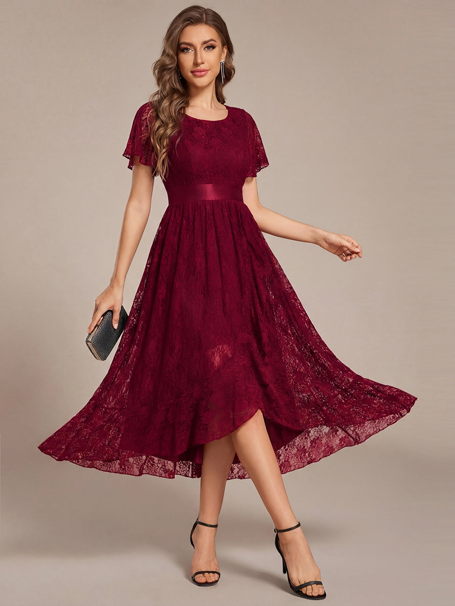 ever SEVYN|Short Sleeve Ruffled Empire Waist Lace Midi Formal Dress