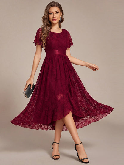 ever SEVYN|Short Sleeve Ruffled Empire Waist Lace Midi Formal Dress