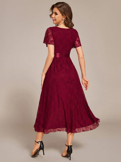 ever SEVYN|Short Sleeve Ruffled Empire Waist Lace Midi Formal Dress