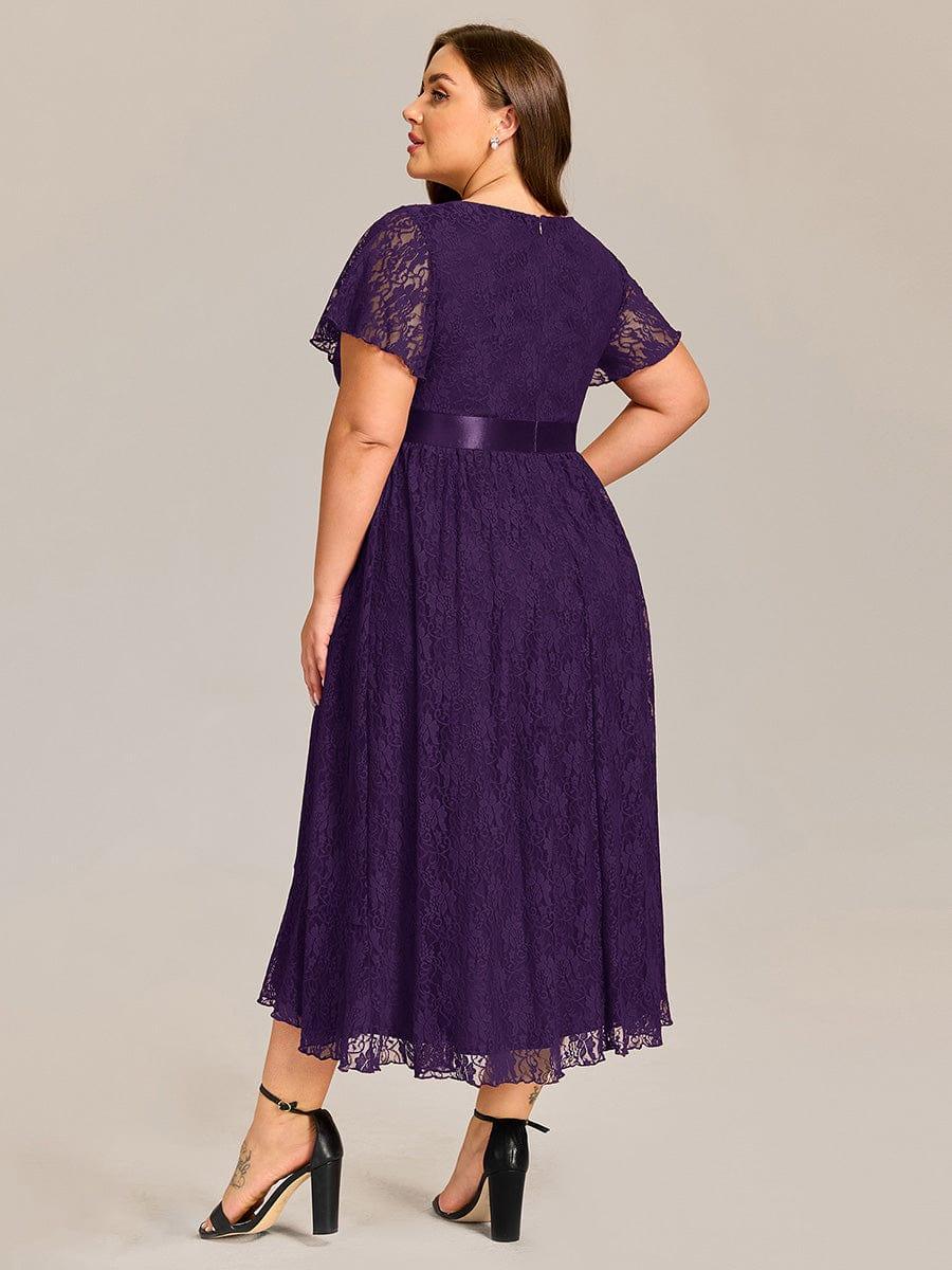 pretty SEVYN|Plus Size Lace Flutter Sleeves Round Neckline Midi Formal Dress