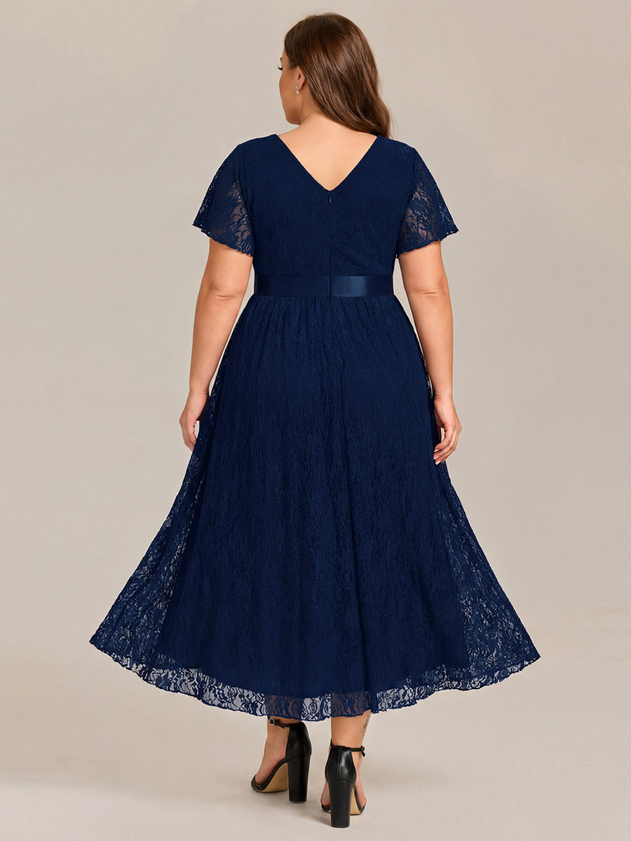 pretty SEVYN|Plus Size Lace Flutter Sleeves Round Neckline Midi Formal Dress