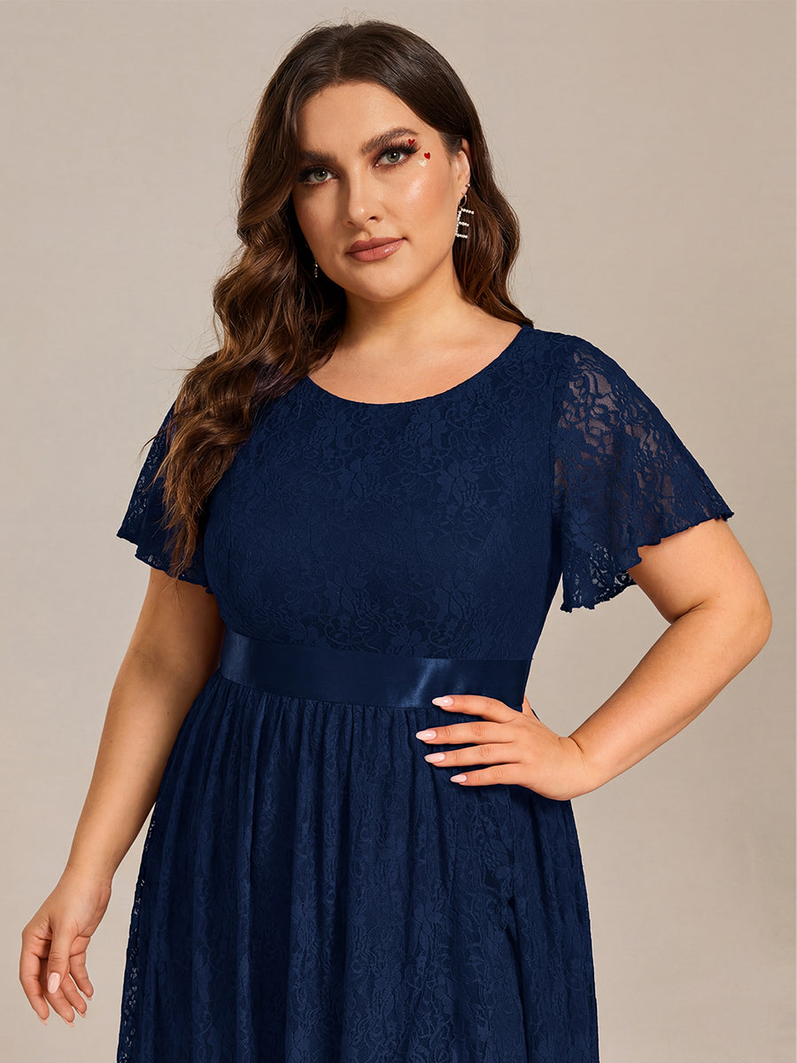 ever SEVYN|Short Sleeve Ruffled Empire Waist Lace Midi Formal Dress