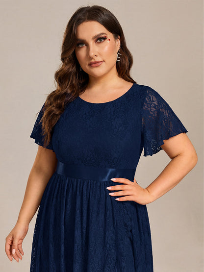 ever SEVYN|Short Sleeve Ruffled Empire Waist Lace Midi Formal Dress