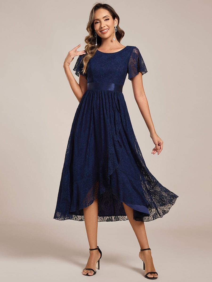 ever SEVYN|Short Sleeve Ruffled Empire Waist Lace Midi Formal Dress