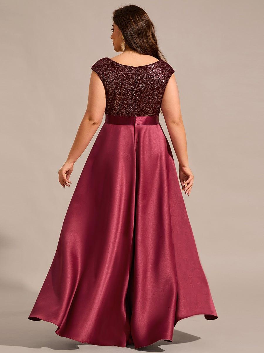 Plus Size Sequin Round Neckline High-Low Satin Formal Evening Dress