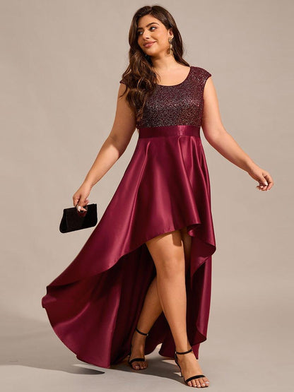 Sleeveless Sequin Top High-Low Formal Evening Dress with Satin