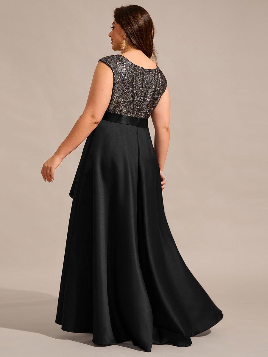 Plus Size Sequin Round Neckline High-Low Satin Formal Evening Dress