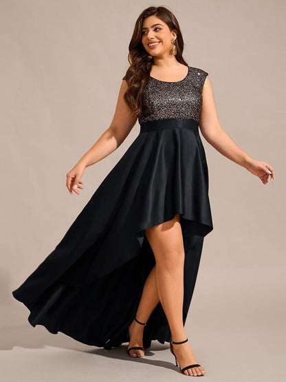 Plus Size Sequin Round Neckline High-Low Satin Formal Evening Dress