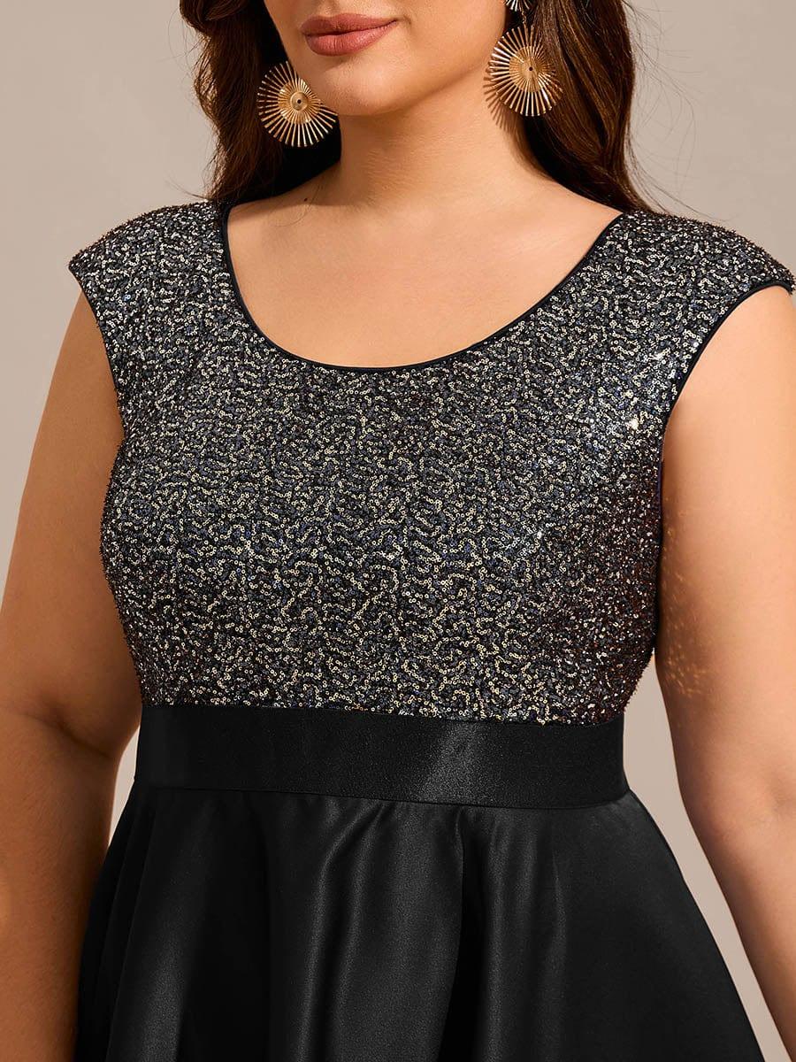 Plus Size Sequin Round Neckline High-Low Satin Formal Evening Dress