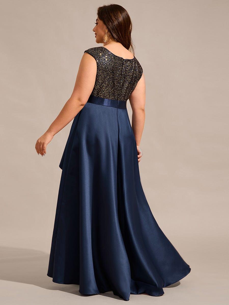 Plus Size Sequin Round Neckline High-Low Satin Formal Evening Dress