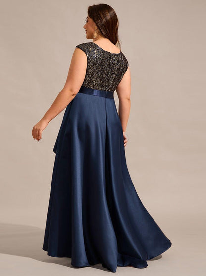 Plus Size Sequin Round Neckline High-Low Satin Formal Evening Dress