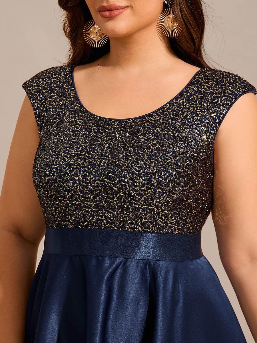 Plus Size Sequin Round Neckline High-Low Satin Formal Evening Dress