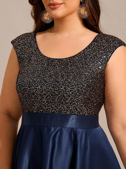 Plus Size Sequin Round Neckline High-Low Satin Formal Evening Dress