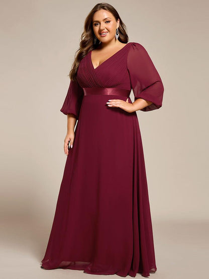 pretty OLIVIA|Plus Size Empire Waist Pleated Chiffon Long Sleeves Formal Evening Dress