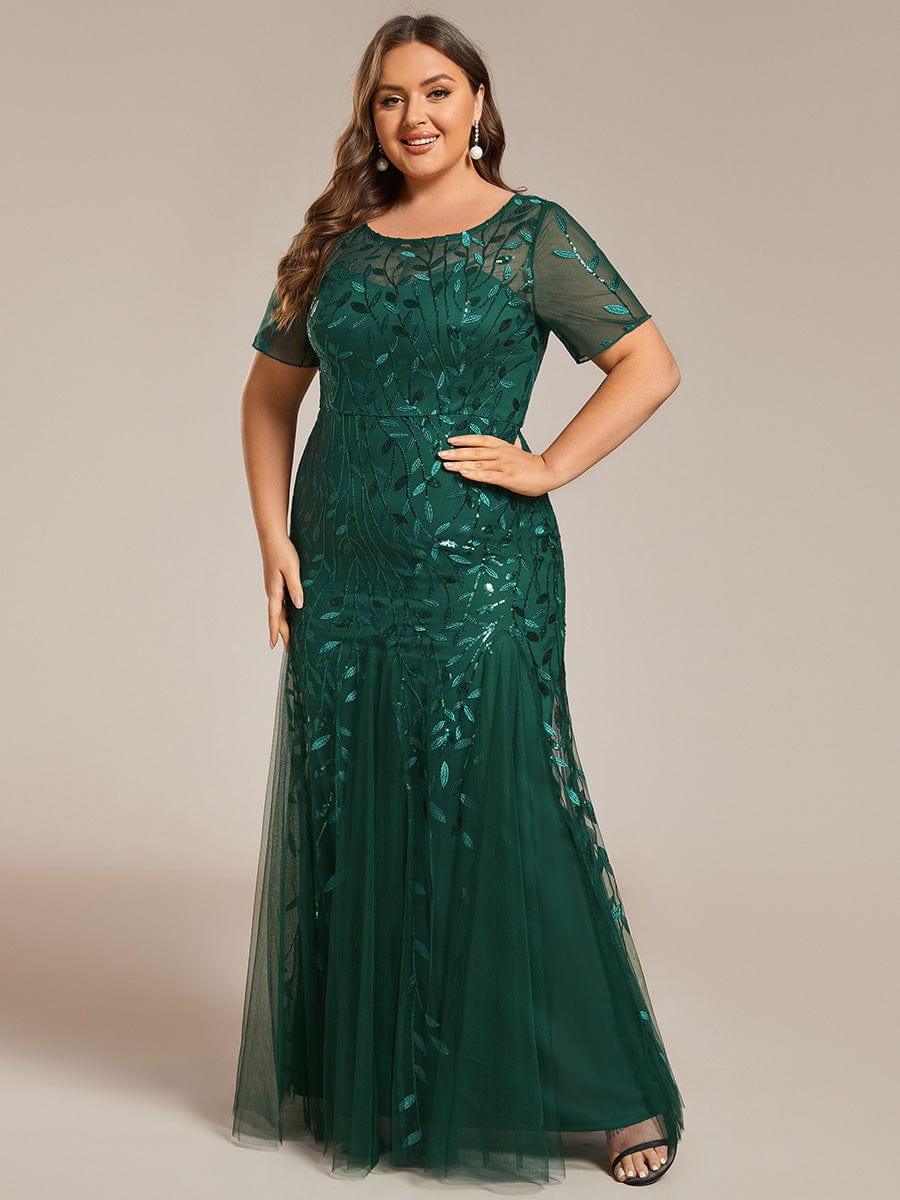 pretty JADEN|Floral Sequin Print Plus Size Mermaid Tulle Evening Dress
