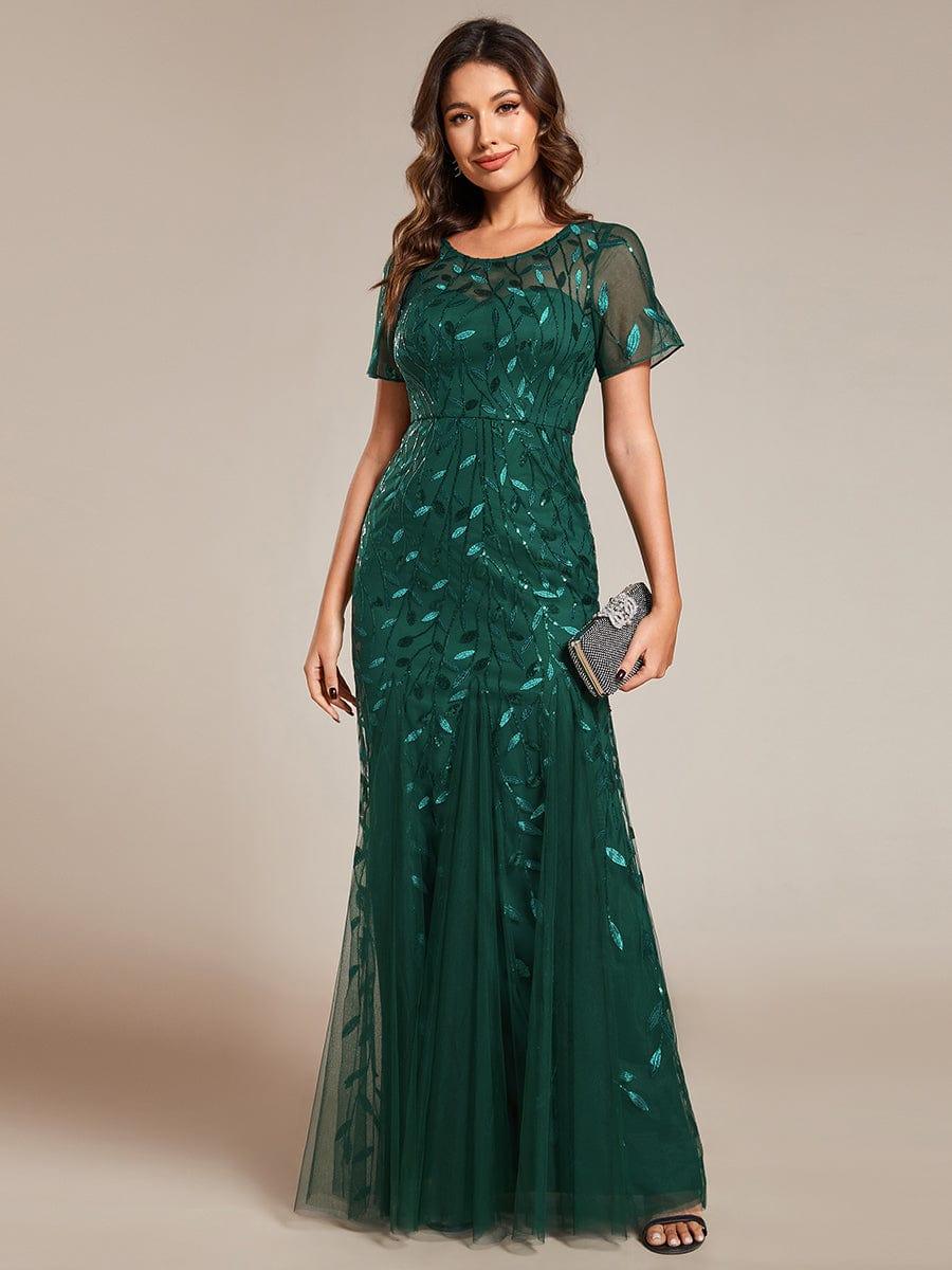 ever JADEN|Floral Sequin Maxi Fishtail Tulle Formal Evening Dress with Short Sleeve
