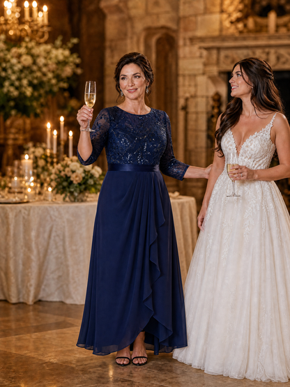 Sequins Long Sleeve Asymmetrical Hem Evening Dress